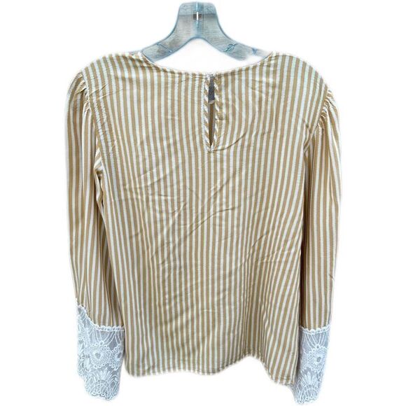H&M size 10 mustard yellow striped top with bell sleeves wide lace cuffs - Picture 4 of 10